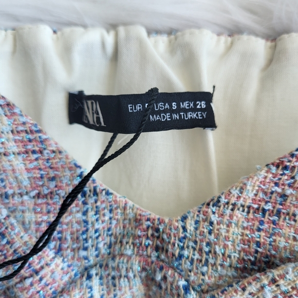 Zara White and Blue Pink Tweed Cropped Bralette Size Small Summer top NWT - Picture 5 of 10